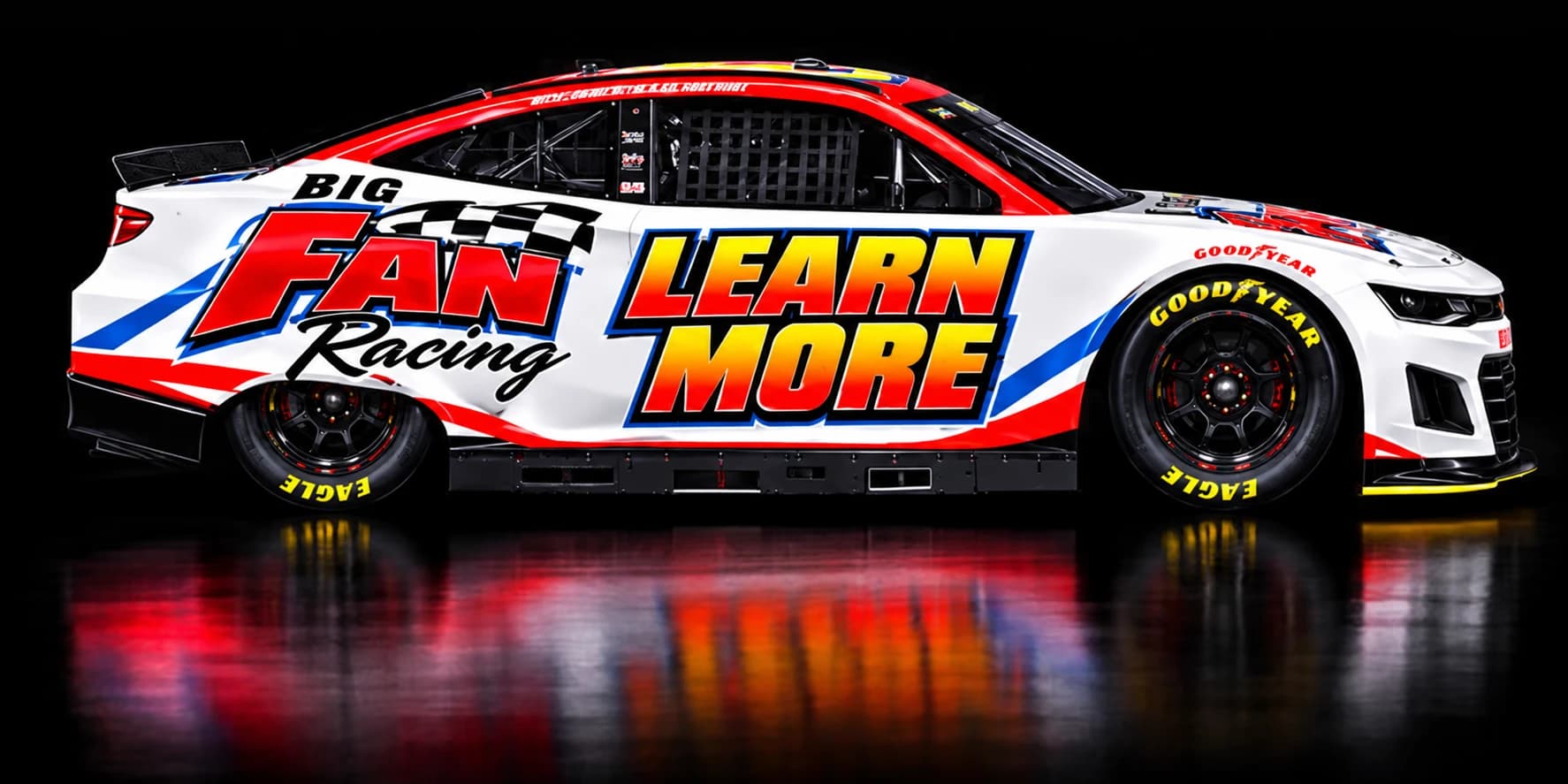 The Big Fan Racing car with LEARN MORE on the side